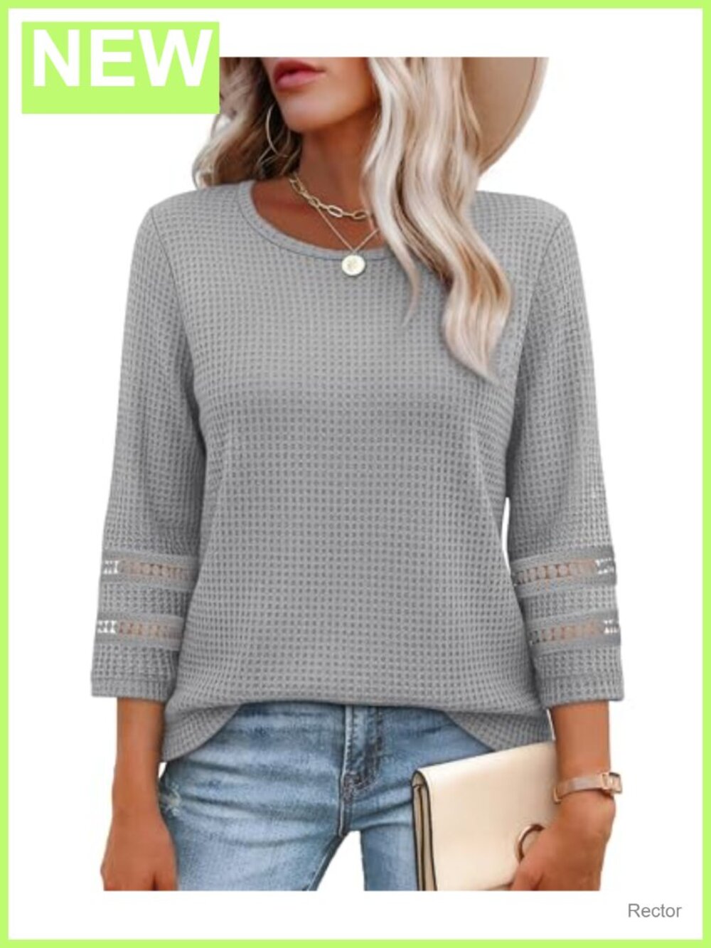 Lace Crochet 3/4 Sleeve Waffle Knit Tunic Blouse